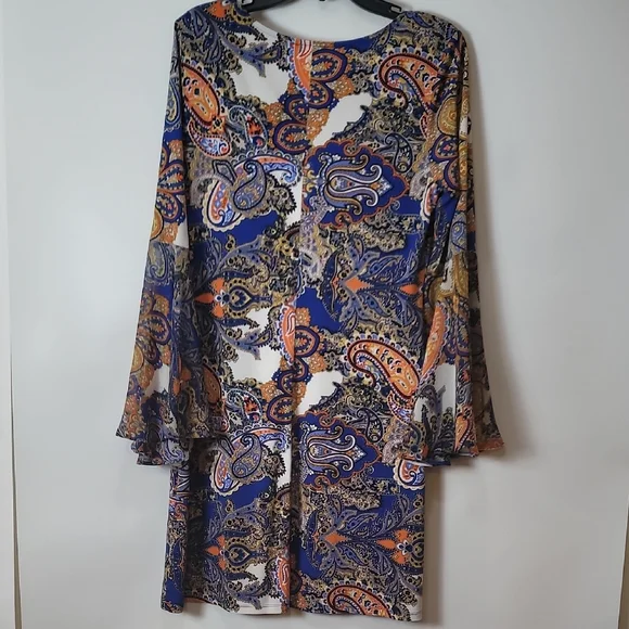 MSK Women's Paisley Mini Dress - Blue, Orange, Yellow - Picture 11 of 13